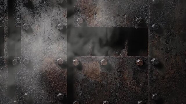 A close-up, gritty shot captures dense white steam powerfully billowing and venting from a dark, heavily rusted metal surface, secured by numerous hexagonal bolts. The aged, textured panel, rich with 