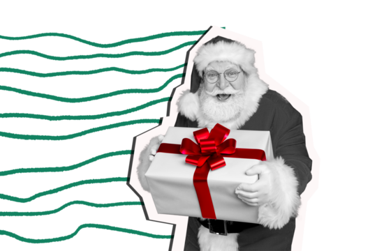 Composite photo collage of happy old man santa claus hold present box xmas celebration surprise technology isolated on painted background