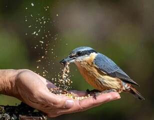 Nuthatch on hand, feeding frenzy