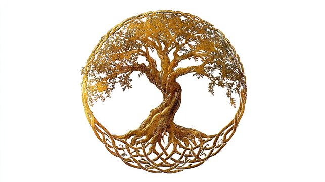A detailed golden tree within a circular Celtic knot frame, set against a clean white background