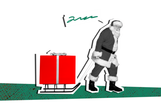 Composite photo collage of happy old man santa claus carry sled present box celebration xmas event surprise isolated on painted background