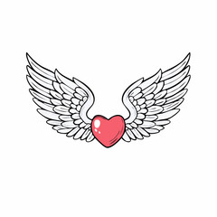 Obraz premium A red heart with white wings spread wide, sketched in a simple, cartoon style.