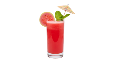 Refreshing guava juice in a glass with mint and umbrella on transparent background