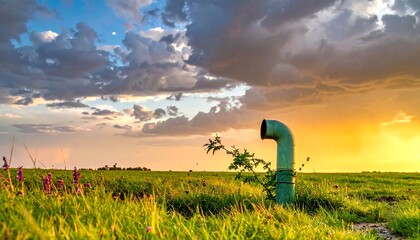 Rural landscape at sunset, a green pipe, dramatic clouds