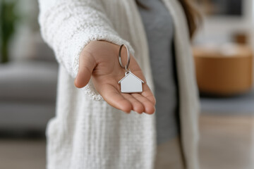 Person's hand extending a house shaped keychain symbolizing real estate, home buying, property ownership, and securing a new residence, conveying concepts of welcome and new beginnings