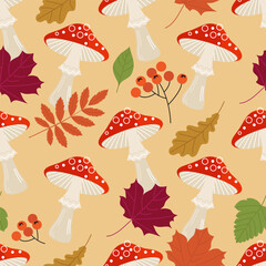 seamless pattern makes a poisonous mushroom with autumn leaves and wild berries. flat drawing, plant background. stock vector illustration. EPS 10.