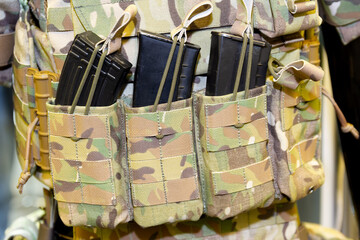 A person wearing a tactical vest and rifle mags