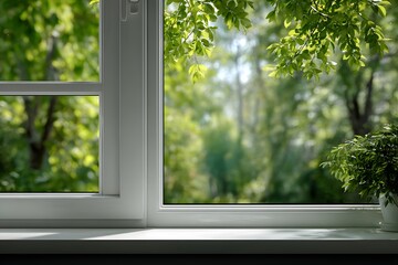 Clean, minimalist photograph looking through a modern white window frame, with a sharp focus on the frame and soft-focus green trees outside.
