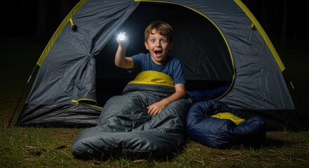 Excited boy in a sleeping bag inside a tent, holding a flashlight, smiling during a camping trip at night.
