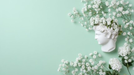 Plaster Bust Adorned with Fresh Flowers, An elegant ancient sculpture featuring delicate gypsophila and hydrangea set against a serene green backdrop, embodying minimalist beauty.