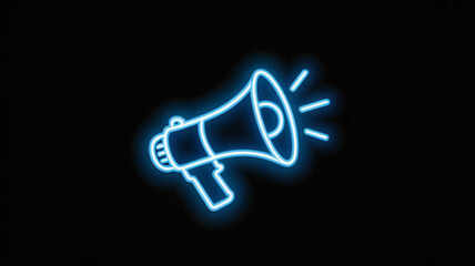 Neon blue glowing megaphone icon with sound waves emanating from the bell, symbolizing announcement, promotion, or alert, set against a dark background