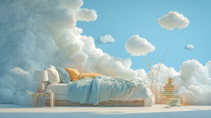 Serene Bed Retreat, a tranquil sanctuary featuring a pristine bed adorned with white linens, surrounded by soft white clouds, creating a calm and comforting atmosphere for restful sleep