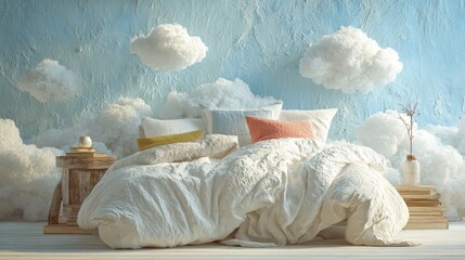 Serene Bed Among White Clouds, a tranquil setting featuring a pristine bed with white linens, evoking comfort and minimalism, inviting restful sleep in a peaceful atmosphere