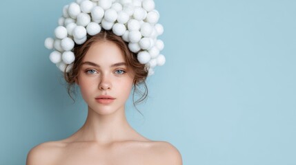 Elegant woman in a minimalist setting, adorned with a unique white sphere headpiece, striking a pose against a soft blue background, embodying beauty and fashion.