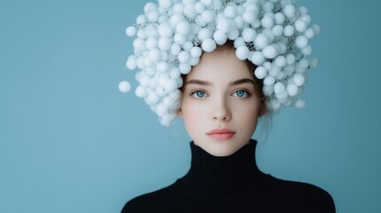 Elegant woman in striking headpiece, adorned with white spheres, poses against a soft blue backdrop, showcasing minimalist beauty and fashion artistry.