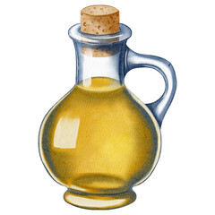 Hand drawn watercolor olive oil bottle with olives and leaves. Olive branches, leaves and fruits. For fabric, wrapping paper, scrapbooking, packaging design, kitchen, menu
