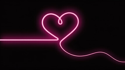 A glowing pink neon heart shape formed by a continuous line on a black background, symbolizing love and romance
