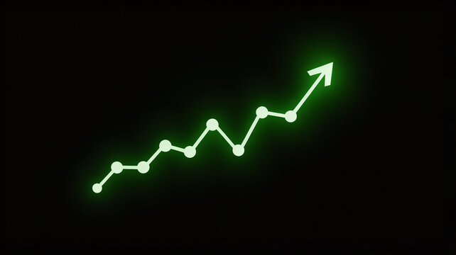A glowing green line graph with an upward trend and arrow indicating growth against a dark background, symbolizing success and progress