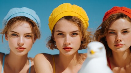 Summer Bliss, a serene scene of young girls in colorful swimsuits and caps lounging on the beach, a seagull overhead, embodying relaxation and youthful joy under a clear blue sky.