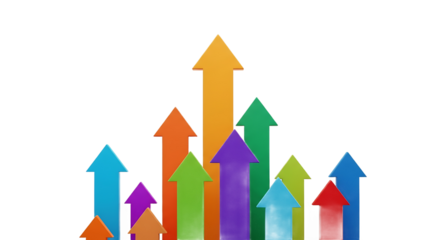 Colorful arrows pointing upwards symbolizing business growth and success on transparent background