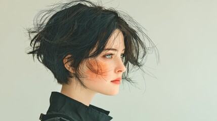 Artistic Portrait of a Model with Textured Black Wool Hairstyle, Reflecting Tranquility and Creativity in an Abstract Style, Set Against a Minimalist Background