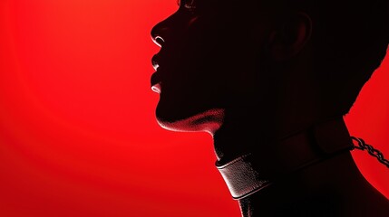 Submissive in profile with a collar around his neck. A man in a leather collar with a chain on a bright red background with a backlight. A dark silhouette of a man's profile on a red background.