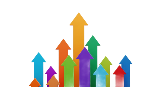 Colorful arrows pointing upwards symbolizing business growth and success on transparent background - Powered by Adobe