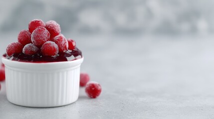 Blueberries in a white bowl with blueberry jam on a gray and white background, showcasing a minimalist and clean aesthetic with ample negative space.