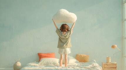 Playful Moment in a Minimalist Room, a person stands on a bed holding a fluffy pillow above their head, creating a cheerful and lighthearted atmosphere in the space