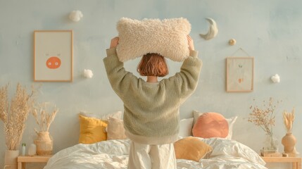 Playful Moment on the Bed, a person stands on a bed holding a fluffy pillow high, creating a lively and cheerful atmosphere in a clean, minimalist room with ample free space