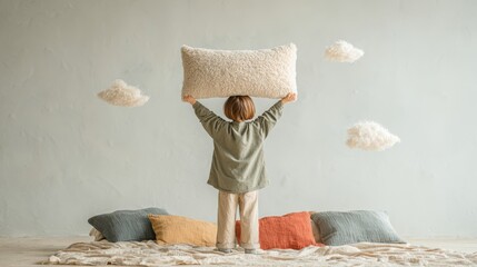 Playful Moments in a Minimalist Bedroom, an individual joyfully holds a fluffy pillow above their head, exuding a lighthearted vibe in a tidy, uncluttered space.