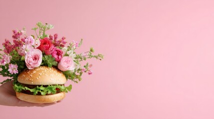 Vibrant Burger Blossom, an imaginative creation featuring colorful roses and foliage in place of traditional ingredients, set against a minimalist backdrop for striking simplicity.