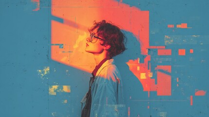 Man's face partially illuminated in red light, vibrant blue backdrop creates a striking contrast, glitch effect adds a modern touch, minimalist and uncluttered composition