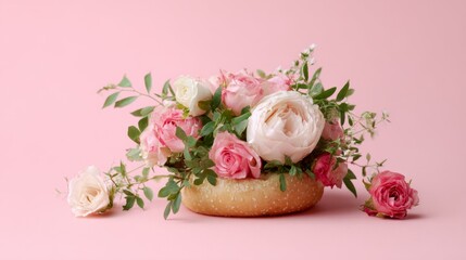 Floral Fantasy Burger, a whimsical creation featuring vibrant roses and lush foliage in place of conventional toppings, set against a minimalist backdrop for striking visual appeal