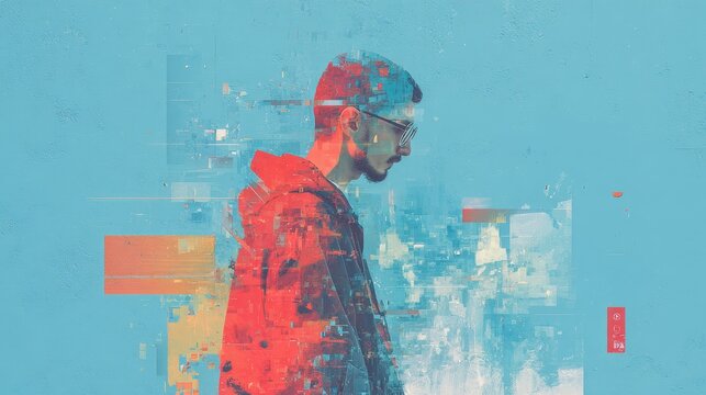 Man's face partially illuminated in red light, vibrant blue backdrop with glitch effects, minimalist aesthetic, clean lines, emphasizing contrast and isolation.