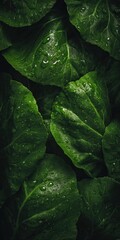 Fototapeta premium Fresh green vegetable leaves displaying water drops