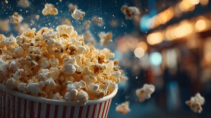 Close-up, cinematic photograph of an overflowing bucket of buttered popcorn with a blurred movie theater screen and dim lighting in the background.
