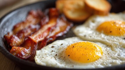Stunning photo of hearty breakfast with fried eggs, bacon, and toast on a cast iron skillet.