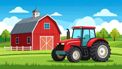 Fototapete Bauernhof Red barn and tractor on a green field. Cartoon farm scene  © Gayeng