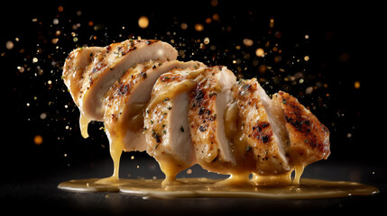 Grilled chicken breast with sauce on black background