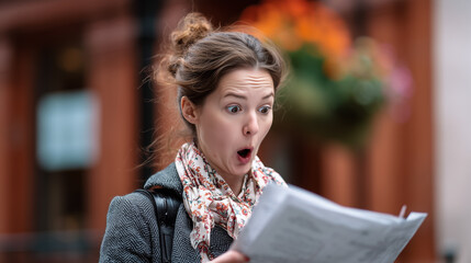 Surprised woman reading unexpected letter outdoors
