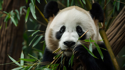 Giant Pandas Feeding in Bamboo Forest: Black-and-White Bears Chewing Fresh Bamboo Shoots, Tender Leaves & Stalks—Lazy, Cute Foraging Behavior in Dense Bamboo Groves of Sichuan/Wolong National Nature R