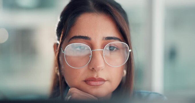 Office, glasses and woman with laptop, thinking and proofreading draft for publication and magazine. Creative, face and journalist with tech for story, editing and planning for news on website