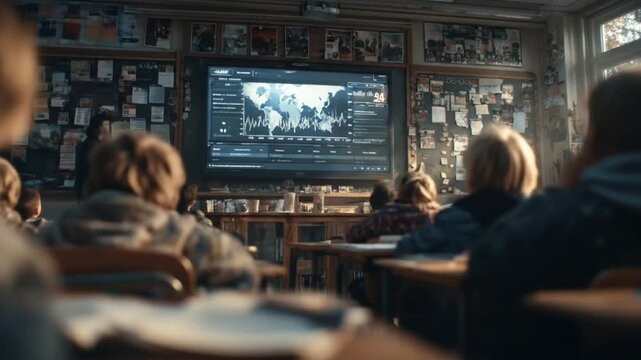 Students in classroom watching presentation on display screen