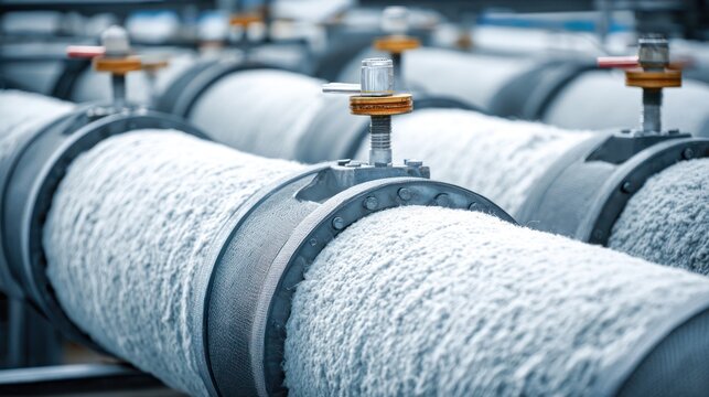 Industrial pipes with valves, insulated, arranged in a row, industrial setting, focus on detail