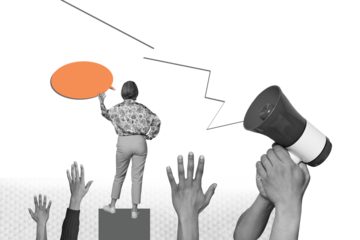 Composite photo collage of anonym girl stand back rebellion activist hands equal megaphone loud feminism isolated on painted background