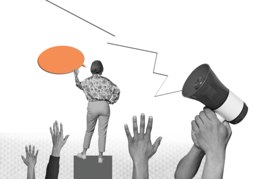 Composite photo collage of anonym girl stand back rebellion activist hands equal megaphone loud feminism isolated on painted background