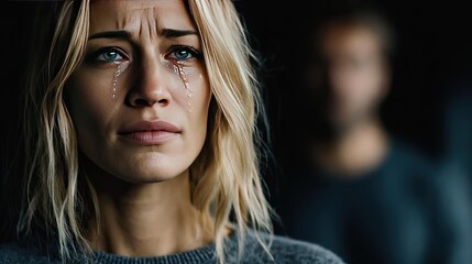 Crying woman facing blurred male silhouette concept. A woman with tears in her eyes, conveying deep emotional distress.