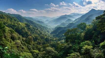 Fototapeta premium Stunning photo of lush green mountain range with trees and a blue sky on a sunny day.