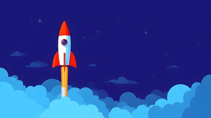 Illustration of a rocket in space concept. Flat illustration of a rocket in space with clouds, stars and planets